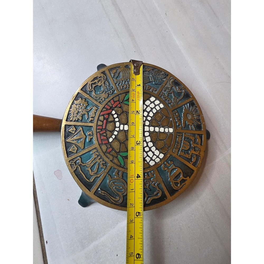 Vintage Israel Brass Cast Iron Trivet 12‎ Tribes of Israel Menorah Wooden  A5 - Picture 13 of 15